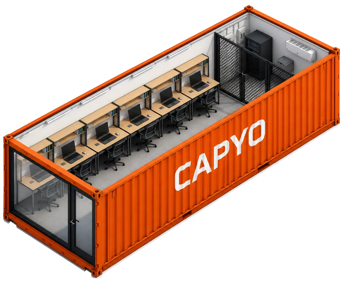 The Capyo 20ft container with workstations, laptops, and a network rack inside