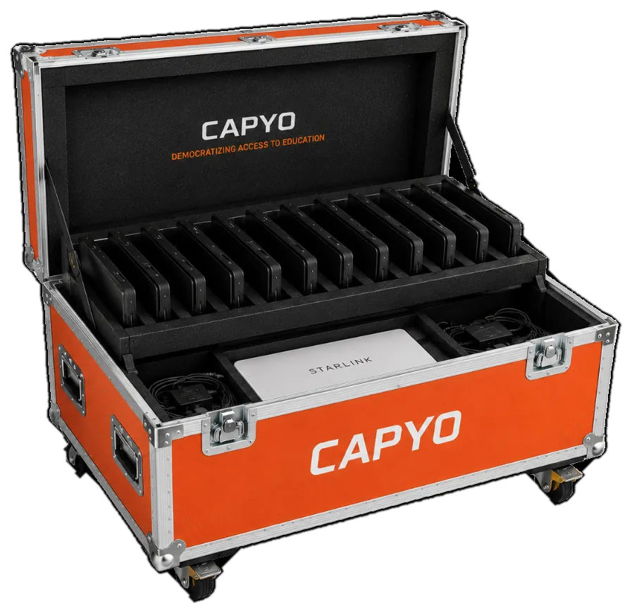 The Capyo flight case open, with 15+ ruggedized laptops and a Starlink dish inside