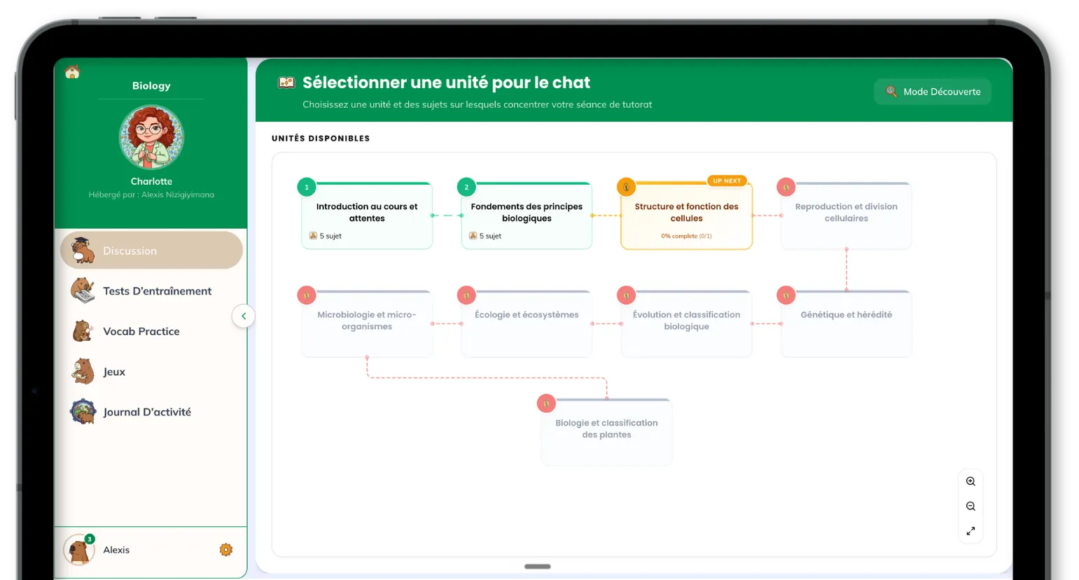 The Capyo platform running on a tablet, showing a biology curriculum unit